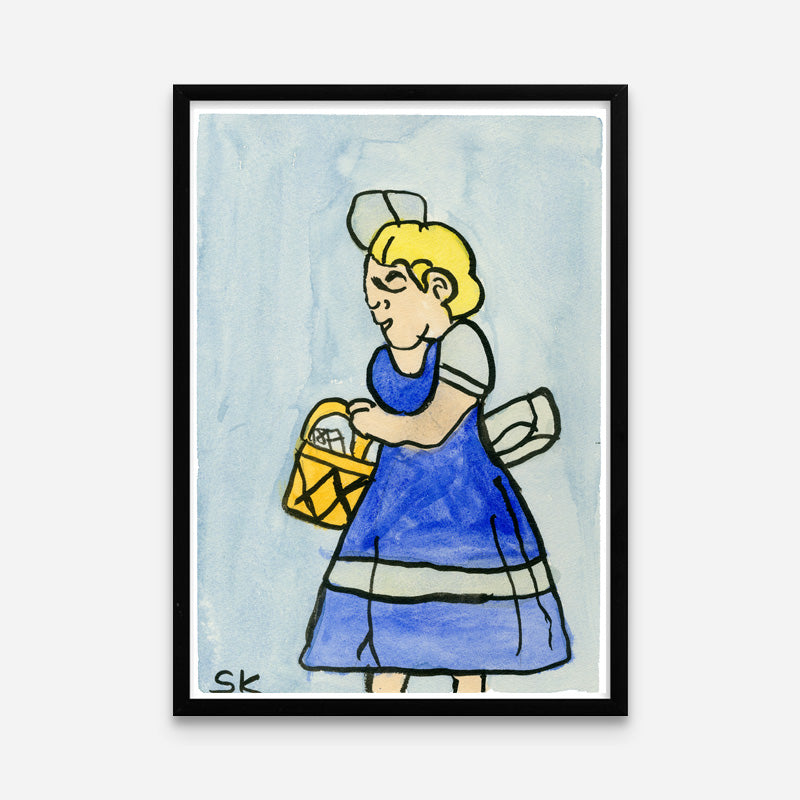 Kunstprint: Blå indkøbsdame