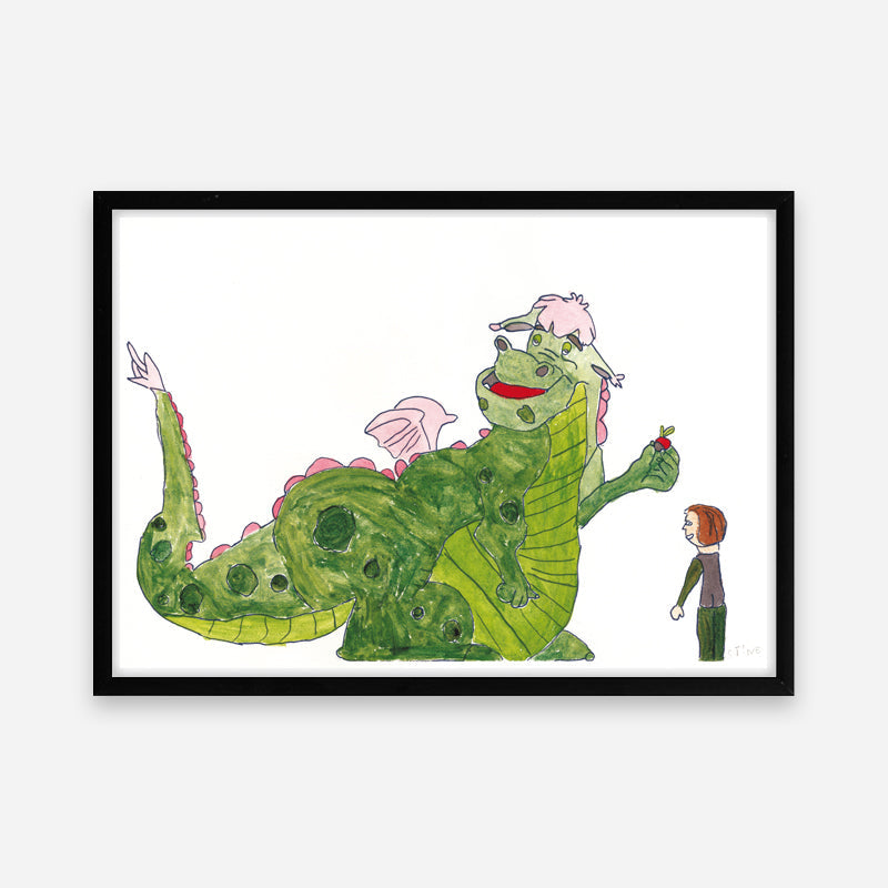 Kunstprint: Dragen Elliot og Stine deler et æble
