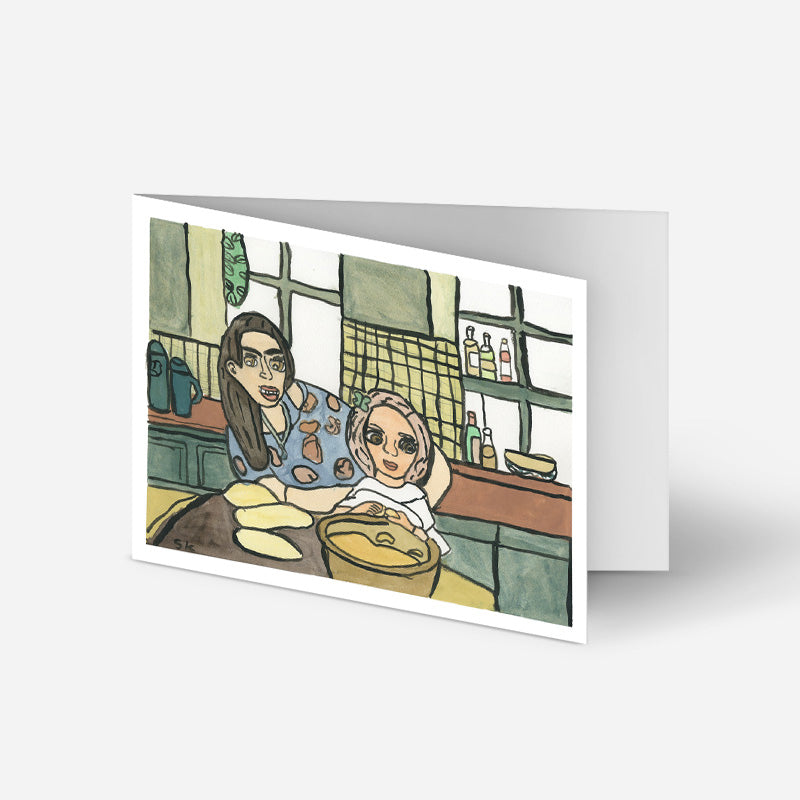 Double card: Baby with mother baking