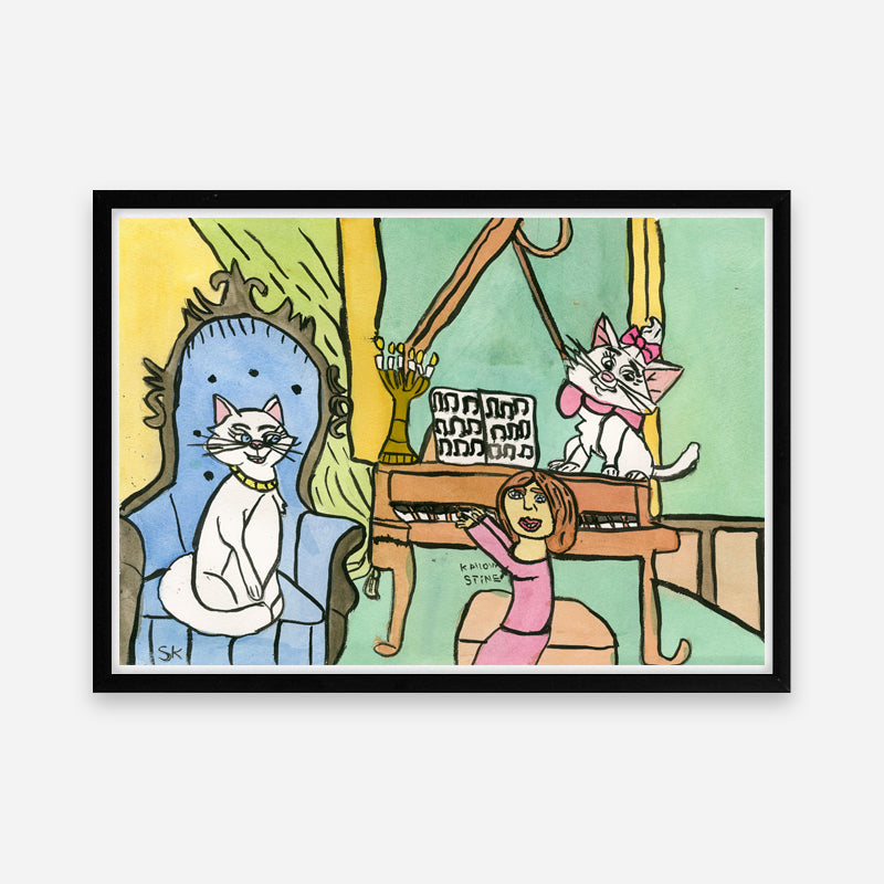 Kunstprint: Stine spiller klaver for sine katte venner